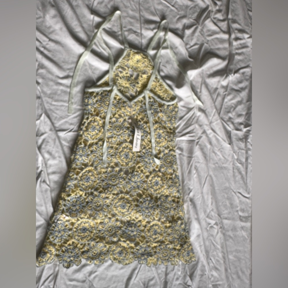 For Love & Lemons Crochet Mini Dress in Pastel Yellow and Light Blue - Picture 7 of 9